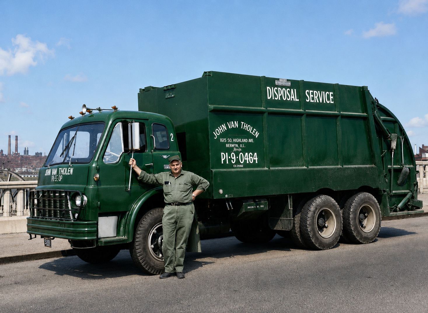 John Van Tholen's original disposal service truck in Berwyn, Illinois — the roots of Van Tholen & Associates