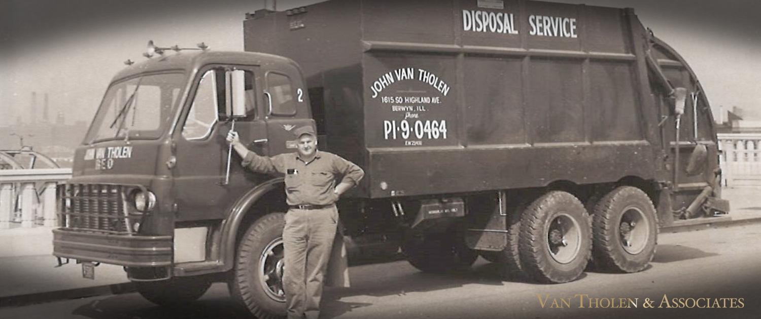 John Van Tholen's original disposal service truck in Berwyn, Illinois — the roots of Van Tholen & Associates